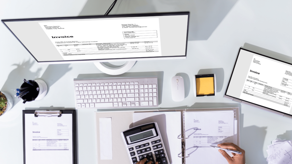 An overview of an accountants desk while they are reviewing the bookkeeping for one of their clients.